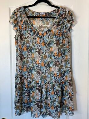 Floral Boho Tunic Top Size Large Sheer Ruffle Blouse Retro Flower Print Flowy